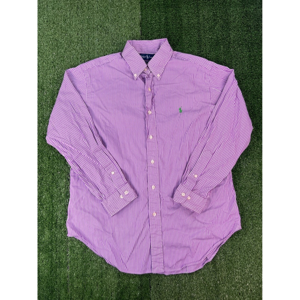 Ralph Lauren Mens Classic Fit Striped Button Down Shirt Purple White 16 32/33